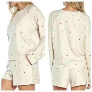 WildFox Hearts Print Short Lounge Set Women Small Longsleeve Sweatshirt Oatmeal
